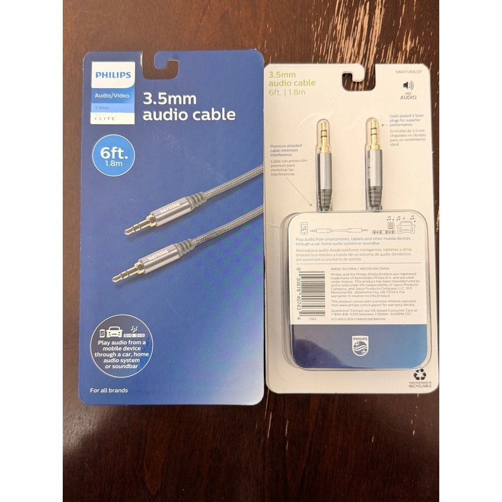 2 pk Philips 3.5mm Audio Cable Unisex 6ft Gray Gold Plated Elite SWA7126A/27 NWT